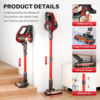 Cordless Vacuum Cleaner - Lightweight, 35Kpa Home Stick Vacuum, Smart Display & Removable Battery, Up to 45 Mins, 8 in 1 Portable Handhled Vacuum, Wall Mount Charging for Hardfloor, Carpet Red