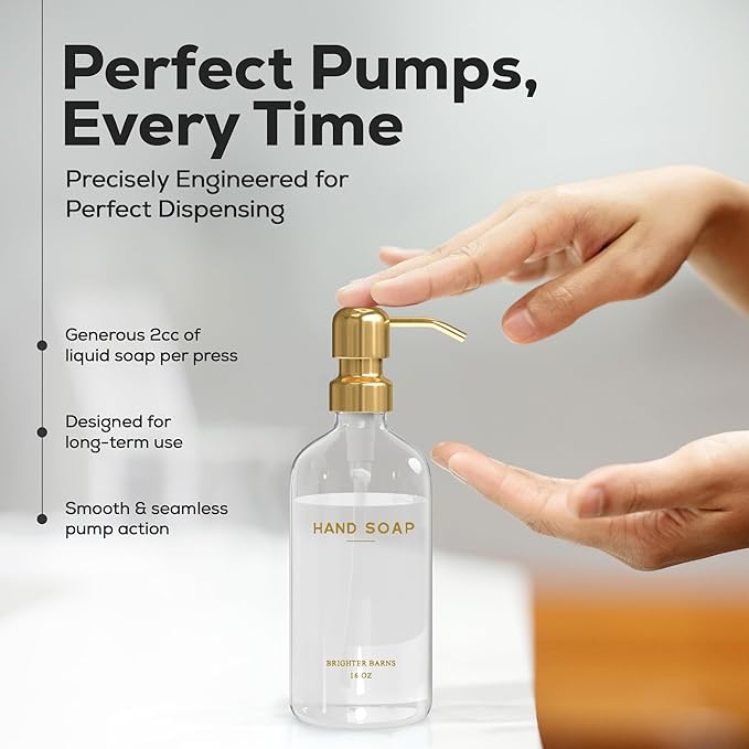Luxury Glass Soap Dispenser Set by Brighter Barns - Hand and Dish Soap Dispenser for Kitchen Sink - Refillable Glass Bottles with Stainless Steel Pumps - Modern Gold Kitchen Decor & Accessories (Gold)