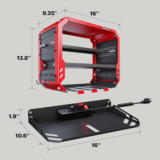 Power Tool Organizer Wall Mount with Charging Station, 3 Layer Heavy Duty Metal Tool Storage Rack Loads 420lbs with 4 Cordless Drill Holder, Battery Utility Rack Loads with 4 Power Strip
