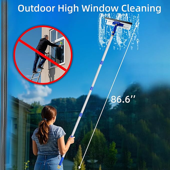 ITTAHO 81" Window Squeegee Cleaner, 2 in 1 Window Cleaning Tool Kit,Shower Squeegee with Extension Pole, Glass Cleaning Tools for Shower Glass, Indoor/Outdoor High Window Cleaning-Two Pads