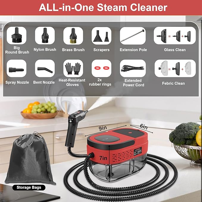 Steam Cleaner for Home, 15s Heat-Up, 1.6L Water Tank, 3-Level Adjustable Handle, Handheld Steam Cleaner for Car Detailing, Dirt, Furniture, Couch, Floor Tile, Bathroom, Bed Bugs, 12Pcs Accessories