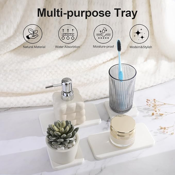 Water Absorbing Stone Tray for Sink | Quick Drying Diatomaceous Earth Coasters | Soap Dish Holder & Toothbrush Holder for Bathroom Counter | Hand Soap & Plant & Toiletries | White 4-Pack