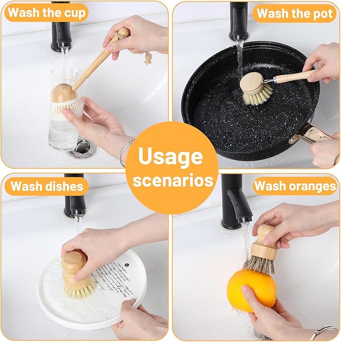 10Pcs Bamboo Dish Brush Set, Kitchen Brushes for Dishes, 7 Style Wooden Dish Brush with Ergonomic Handle, Value Bamboo Scrub Brushs Pack for Pots, Bottles and Vegetables