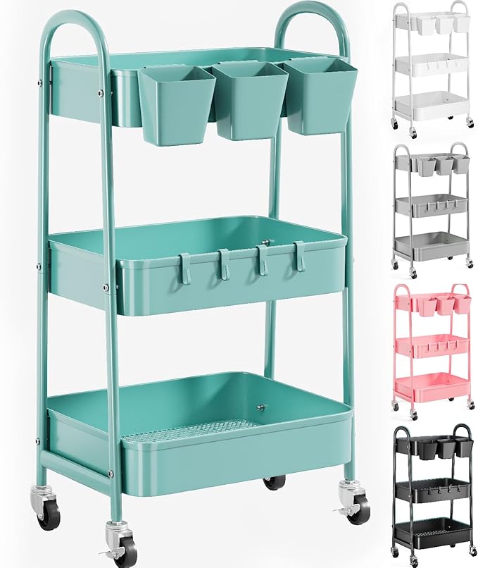 3 Tier Turquoise Metal Mesh Rolling Cart, Storage Cart with Handle and Lockable Wheels, Multifunctional Three Tiered Utility Organizer Cart on Wheels for Kitchen, Office, Bathroom, Crafts, Arts, Snack