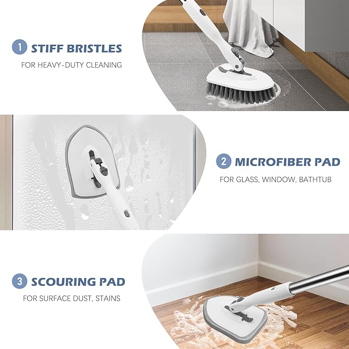 SetSail Floor Scrub Brush, 3-in-1 Tile Tub Floor Scrubber with 52-inch Adjustable Long Handle Shower Cleaner Brush and 4 Detachable Replacement Brush Heads for Cleaning Bathroom Tub Tile, White Grey