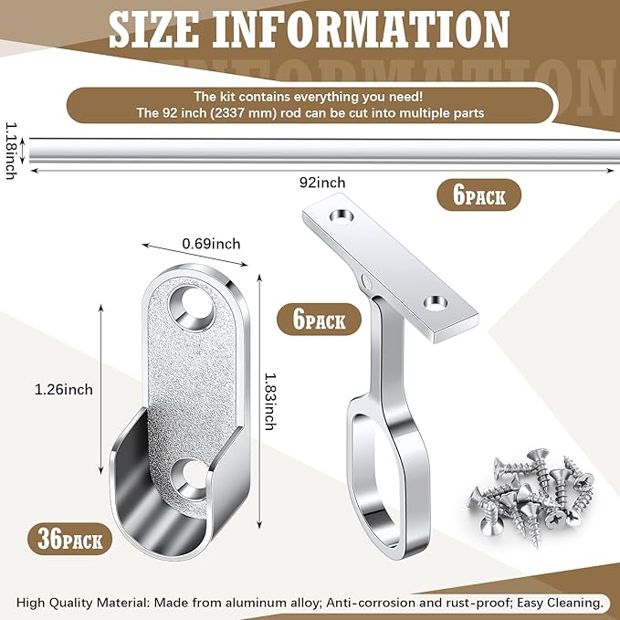 Tandefio Chrome Closet Rod 92 Inch with Oval Closet Rod 6 End Supports for Laundry Room Hanging Clothes Waterproof Shower for Curtains(Silver,6 Sets)