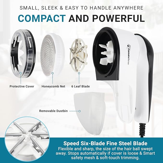 Power Corded Electric Fabric Shaver, No Battery, Pilling & Fuzz Remover for Clothes, Furniture, Couch, Sweaters - 6 Leaf Blades - Portable Defuzzer, Depiller with Stainless-Steel Blades