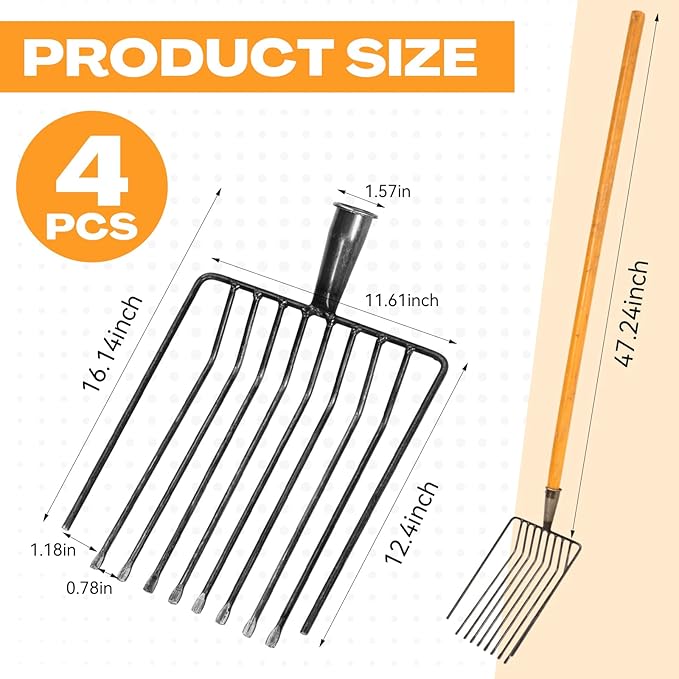 4 Sets Pitch Fork 10 Tines Wide Manure Fork with Long Handle Heavy Duty Muck Rake Broadfork Garden Tool for Gardening Horse Stall Picking up Manure Farm