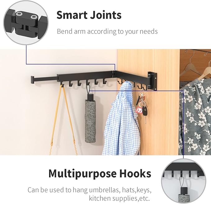 BESTHLS Wall Mounted Portable Clothes Drying Rack with Space Saver Clothes Hangers Design Universal for Balcony Mudroom Bedroom Kitchen Foldable Laundry Rack (2-Pole Black)