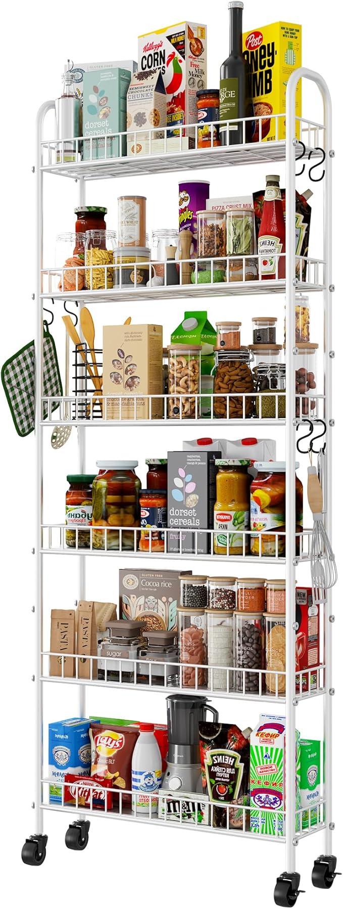 6 Tier Slim Rolling Storage Cart with Wheels, Metal Mobile Shelving Unit Organizer Utility Cart for Office Bathroom Kitchen Laundry Room Narrow Places (White 6 Inches)