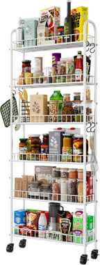 6 Tier Slim Rolling Storage Cart with Wheels, Metal Mobile Shelving Unit Organizer Utility Cart for Office Bathroom Kitchen Laundry Room Narrow Places (White 6 Inches)