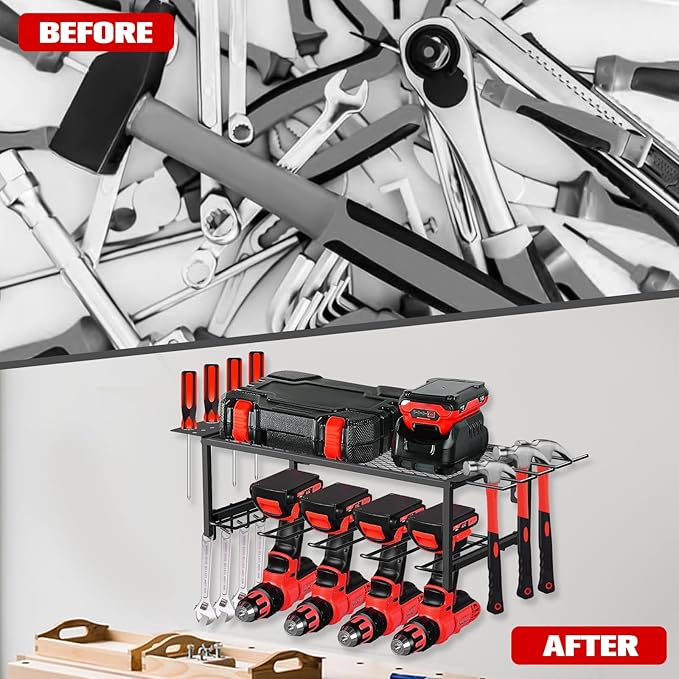 Lisgicabin Power Tool Organizer Wall Mount, Heavy Duty Drill Storage Rack with 4 Drill Holders and Drill Bit Rack, Efficient Drill Storage for Garage, Tool Room, and Workshop，2layer-Black