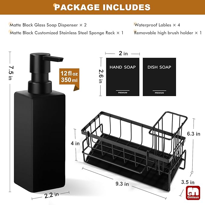 GMISUN Dish Soap Dispenser, 12 fl oz / 350 ml Dual Kitchen Soap Dispensers with Sponge Holder, Customized Matte Black Kitchen Soap Dispenser Set, Modern Hand and Dish Soap Bottle Set Removable