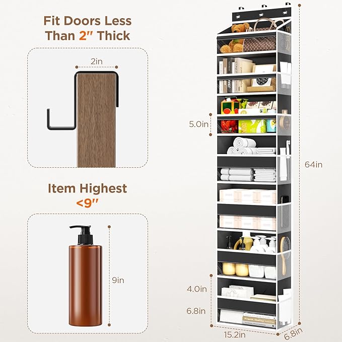 Over The Door Organizer, 7 Tier Door Hanging Organizers with 7 Large Pockets 12 Side Pockets, Behind Door Storage Hanging Shelves for Closet Bathroom Bedroom Nursery