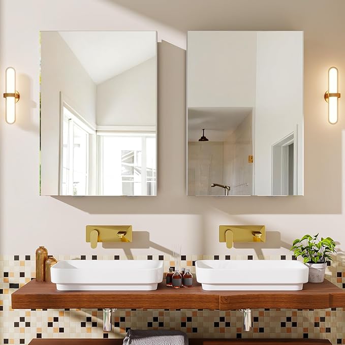 BEAUTYPEAK Bathroom Medicine Cabinet Mirror with Storage, 16 Inch x 24 Inch Silver Medicine Cabinet with Single Door & Adjustable Shelves for Vanity, Tempered, Aluminum Surface, Wall-mount or Recessed