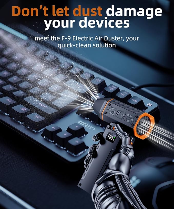 Compressed Air Duster - 100 - Gear Adjustable 130,000 RPM Rechargeable Cordless Electric Air Duster with Display Screen, Mini Dust Blower for Computer, Keyboard, Home, Car Cleaning (Black + Orange)