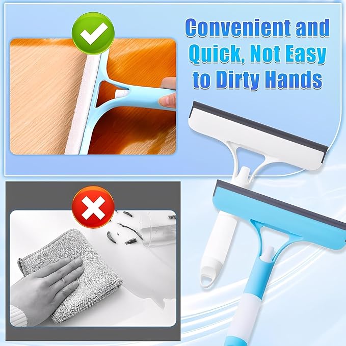 3 in 1 Window Cleaning Scraper with Spray, Scrubber and Shower Squeegee for Glass Doors, Mirrors, Car and Home, All-Purpose Window Cleaner Tool (Blue)