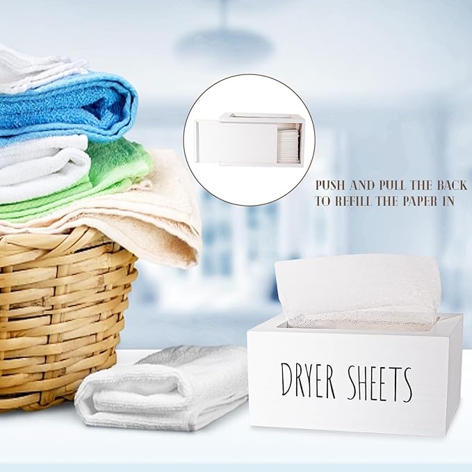 zoocatia Laundry Room Decor Dryer Sheet Container Wood Detergent Dispenser Organization and Storage Box Holder for Laundry Pods, Dryer Balls, White