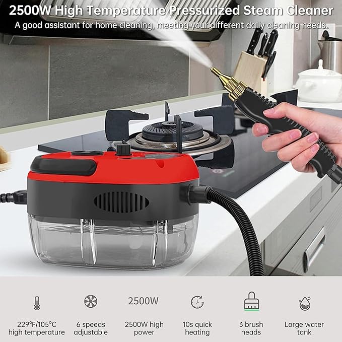 Steam Cleaner, 2500W High Pressure Steam Cleaner for Cleaning, 1.2L Portable Car Steamer with Brush Heads Gloves Scraper handheld Steam Cleaner for Home Use Kitchen Grease Car Detailing (110V, Red)