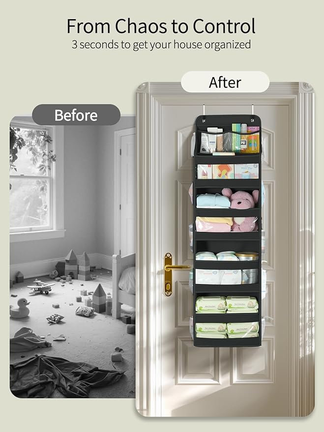 Yecaye 5 Tier 1Pc Over the Door Organizer, Swing-proof Door Organizer Hanging with Clear PVC Windows, Behind the Door Storage for Bedroom Nursery Closet Laundry Pantry Bathroom, Black