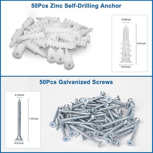 Self Drilling Drywall Anchors, 100PCS Heavy Duty Dry Wall Anchors and Screws Kit for Hanging Sheetrock, 50 Self-Tapping Plastic Drywall Hangers 50 Sheet Rock Screws