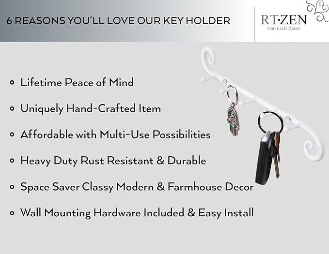RTZEN Farmhouse Small Key Holder for Wall - Handcrafted Swirl Decorative 5 Key Hooks for Home Entryway - Wrought Iron Wall Mount Rack Purse Coat and Leash Holder or Organizer (Classic White)