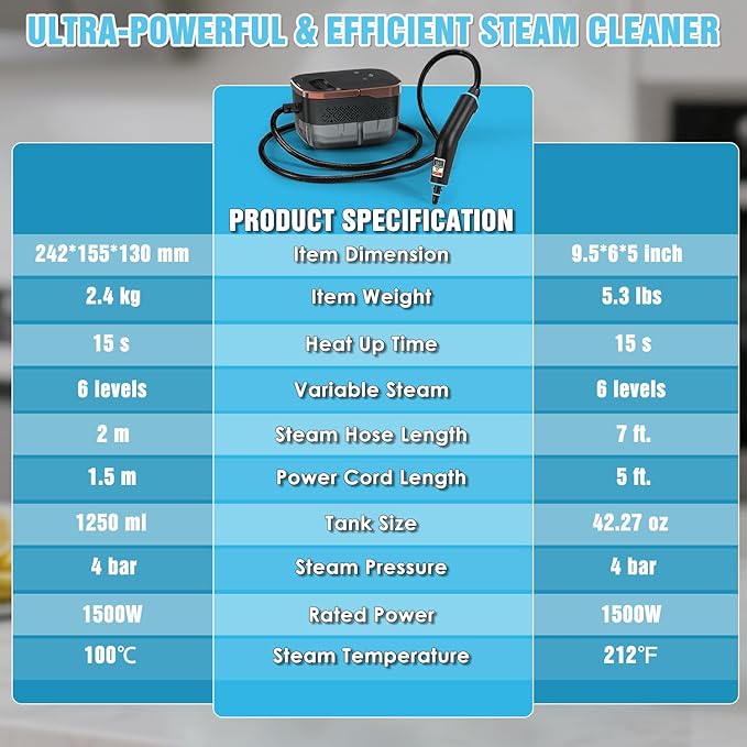 Steam Cleaner, 4 Bar High Pressure Steamer with 6-Level Adjustable, 15s Heat-Up, 42.7oz Large Tank, 7ft Extended Hose, 18 pcs Accessories, Portable Steam Cleaner for Home, Car, Tile, Grout, Grease