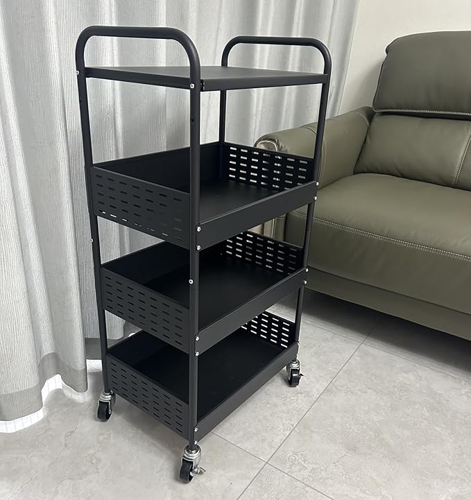 Stable 4 Tier Rolling Metal Storage Organizer, Heavy Duty Kitchen Rolling Cart, Metal Top Vegetable Storage Cart with Wheels for Kitchen Pantry Utility Use (Black)