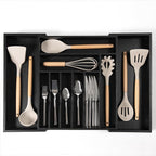 Premium Silverware, Flatware and Utensil Organizer for Kitchen Drawers, Food-Safe Contract Grade, Expandable from 14.5 to 25 In, Black Bamboo