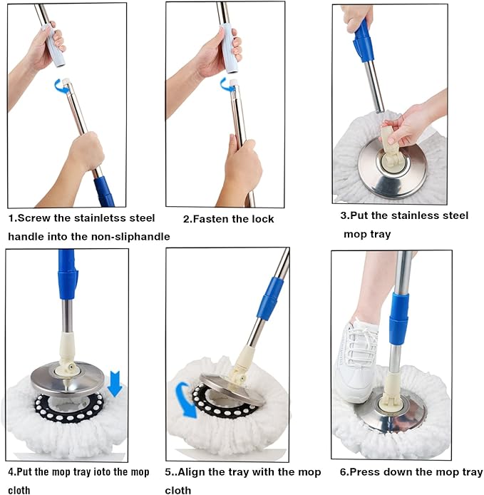 Mop and Bucket Set, 360° Spin Mop and Bucket with Wringer Set and 6 Microfiber Mop Refills, Stainless Steel 61" Extended Handle Spinning Mop Bucket System for Floor Cleaning (2 Sets)