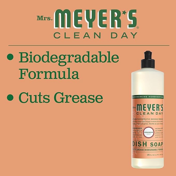 MRS. MEYER'S CLEAN DAY Liquid Dish Soap, Biodegradable Formula, Geranium, 16 Fl. Oz