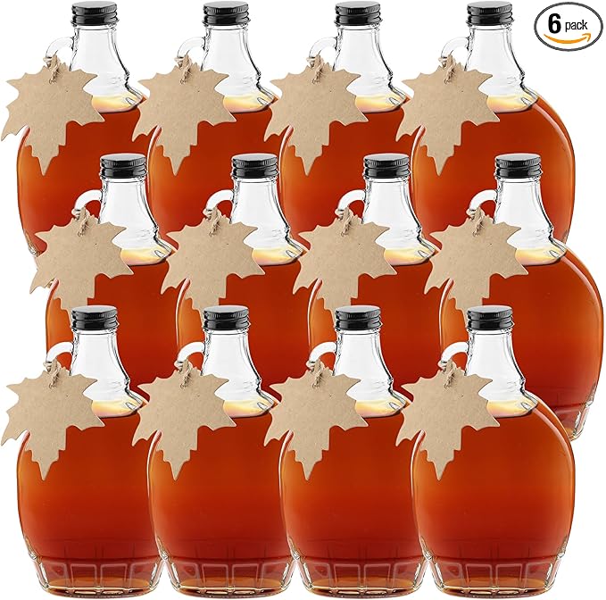 12 oz Maple Syrup Bottles with Loop Handle Black Aluminum Lids and Cotton Twines, Clear Glass Bottles with Maple Tag, Maple Syrup Jars Container Sample Bottles for Gift Juice Milk Sauce Storage (6)