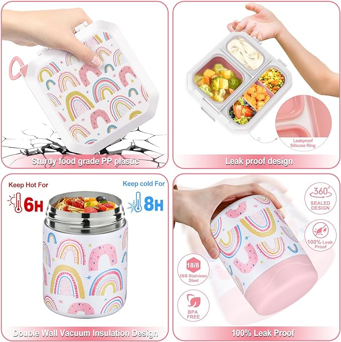 wiwens Bento Lunch Box for Kids with 12oz Soup Thermo Leak-Proof Lunch Food Container with 5 Compartment Thermo Hot Food Jar and Insulated Lunch Bag for Kid Toddler Girls Boys to School