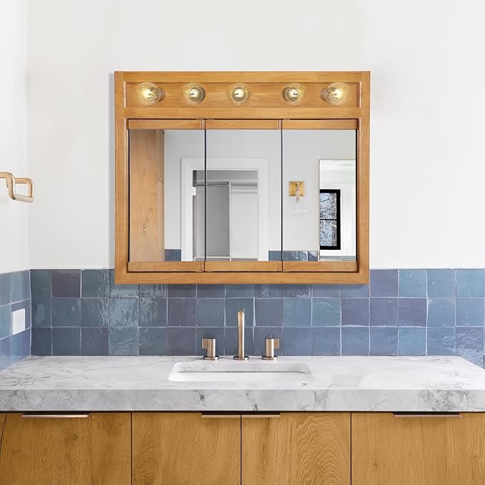 Design House Richland Medicine Cabinet with 5 Lights, Fully Assembled, Wall Mounted, 3 Mirrored Doors, Wood Frame, Oak Finish, 36 in x 5 in x 30 in, 530618-NOK