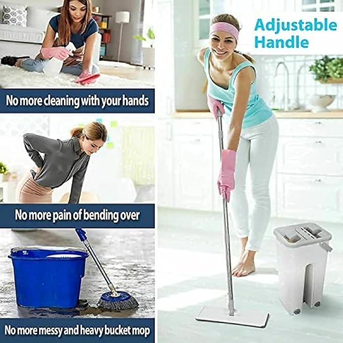 Heavy Quality Floor Mop with Bucket, Flexible Kitchen Tap Flat Squeeze Cleaning Supplies, 360° Flexible Quiet, 2 Reusable Pads, Microfiber, Adjustment Office Mop (Multicolour)