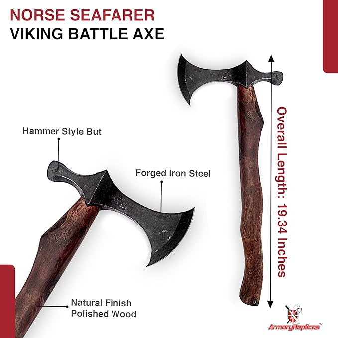 Armory Replicas™ Hand-Forged Viking Battle Axe with Hammer - Rustic Iron Steel Blade, 19.34” Wood Handle, Functional Throwing Axe for Re-enactments, Camping