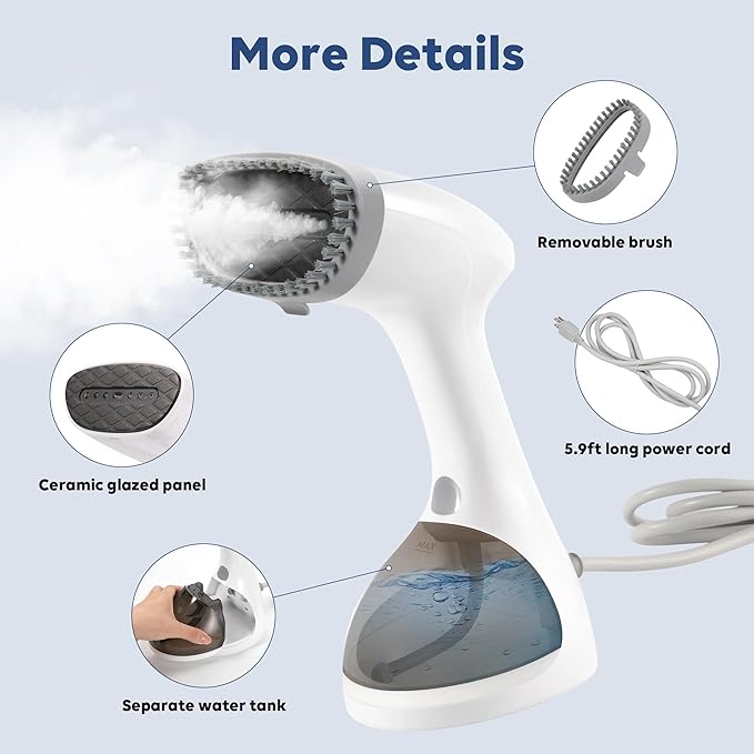 Portable Steamer for Clothes 1200W, 3-Level Steam Adjustment, 15s Fast Heat-up, Garment Steamer Wrinkles Remover with Brush, 265ml Water Tank for Home Travel Office (120V Only)