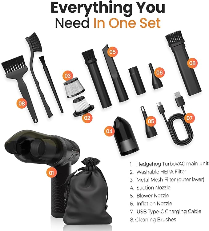Hedgehog TurboVAC 3 in 1 Portable Car Vacuum Cleaner, Blower & Air Pump - Hand Held Vacuum Cleaner for Car with USB C Rechargeable, 14000PA Powerful Suction, Lightweight Dust Buster for Home & Outdoor