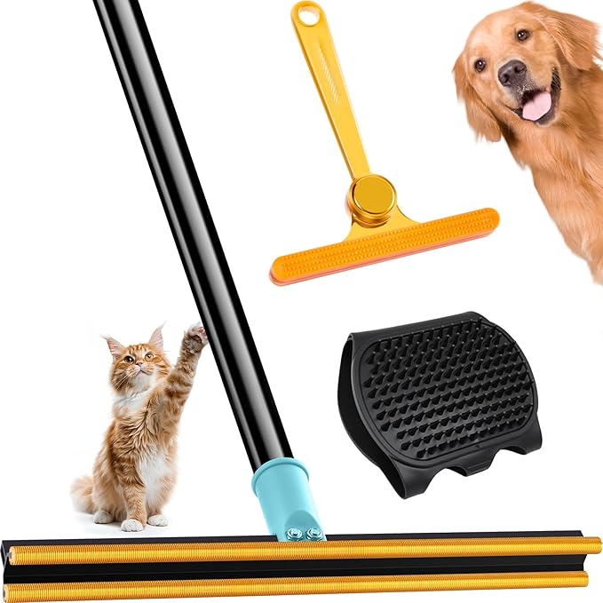 3 in 1 Carpet Rake for Pet Hair Removal Tool, 51” Adjustable Long Handle Pet Hair Removal Broom, Pet Grooming Brush, Cat Dog Hair Remover Carpet Scraper for Rugs, Mats