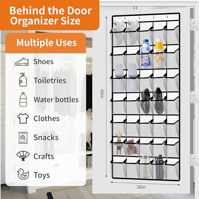 35-Pocket Over the Door Shoe Organizer - Large Mesh Hanging Shoe Rack for Closet, Dorm & Bathroom, HeavyDuty Storage Holder with 4 Metal Hooks, Space Saving Shoe Organizer