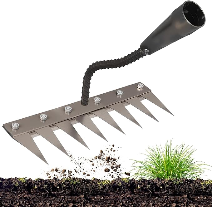 Iron Weeding Rake 2.0, New 5/6/7/8 Teeth Carbon Steel Garden Weeder Rakes, Weeder Puller Tool for Yard Lawn and Garden, Heavy Duty Metal Rake for Lawn, Flower Beds & Soil Aeration(8 Teeth)