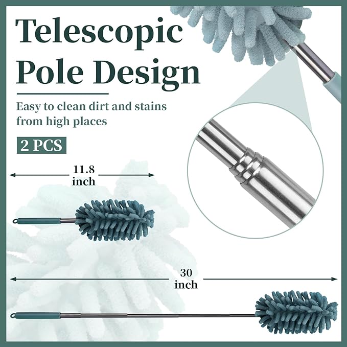 2 PCS Car Interior Duster with Extension Pole, Microfiber Car Dusters with Bendable Head, Cars Duster Exterior&Interior Scratch Free, for Cleaning of Vehicle Details, Offices, Window(Nude Blue)