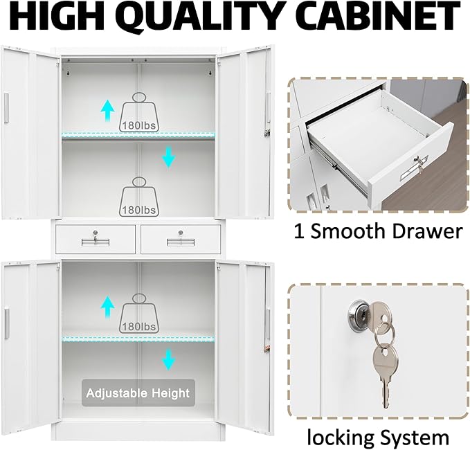 Metal Storage Cabinet with 2 Drawers 71" H,White Metal Garage Cabinets with 2 Lockable Doors and Adjustable Shelves Easy to Assemble for Home Office, Kitchen,Pantry,Garage,Warehouse