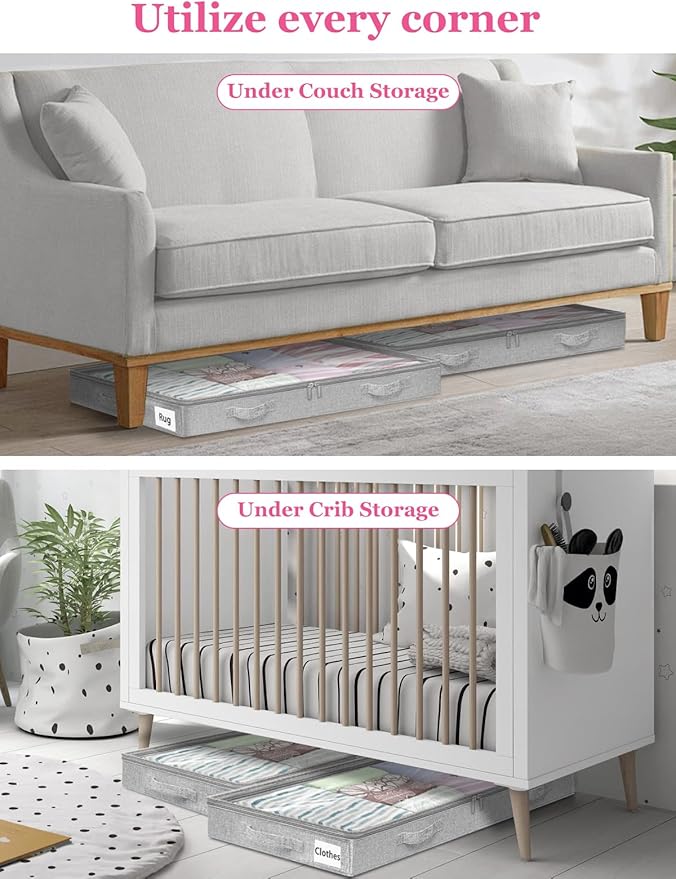 Low Profile Under Bed Storage, 3 Inches High Underbed Storage Containers Bins, NO STRUCTURE, Foldable Clothes Storage and Organizer with Lid & Zipper, Shallow Storage for Low Bed Couch Crib, 2-Pack