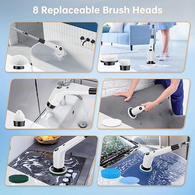 Electric Spin Scrubber, Cordless Shower Scrubber with 8 Scrub Brush, 2 Speed with Adjustable Extension Handle, Battery Level Display, Power Scrubber for Bathroom Bathtub Tile Floor, Black
