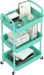 MOYIPIN 3-Tier Plastic Rolling Utility Cart with Handle,Utility Storage Cart for Office, Living Room, Kitchen,Movable Storage Organizer Shelves,Turquoise