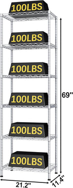 HOMEFORT 6-Shelving Unit, Adjustable Wire Shelving, Metal Wire Shelf Rack Organizer for Kitchen, Pantry, Closet, Bathroom, Laundry, Sliver,21" W x 11" D x 69" H