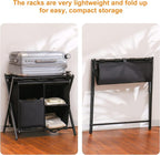 Heybly Luggage Rack with Laundry Bag,Pack of 2,Steel Folding Suitcase Stand with Storage Shelf for Bedroom, Hotel, Foldable Steel Frame, Black,HLR006B2
