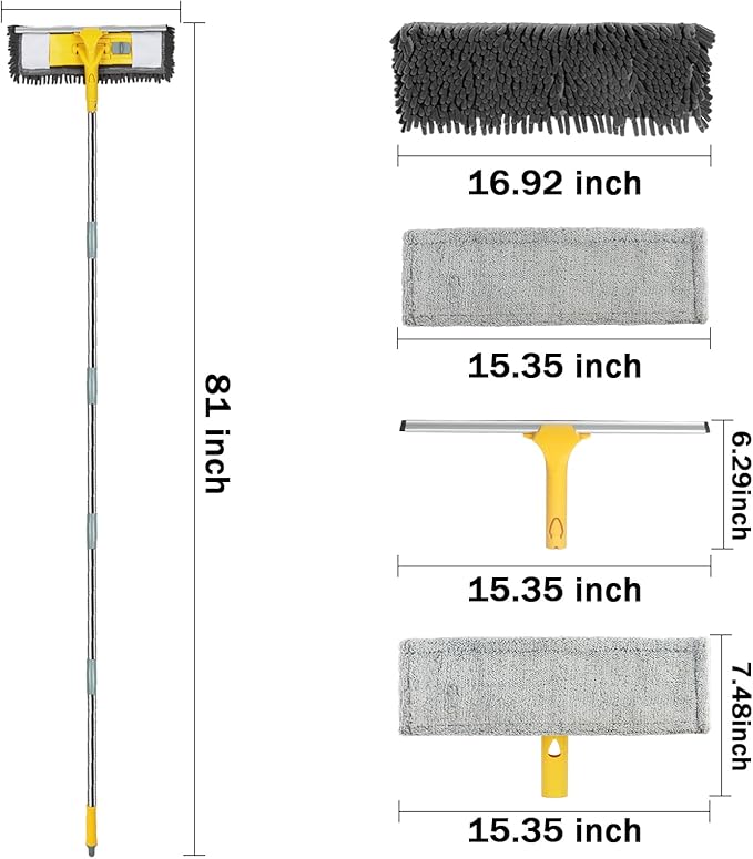81" Long Handle Window Cleaner Tool Squeegee with Extension Pole, 2 in 1 Large Surface Window Cleaning Kit, Professional Window Washing Kit for High Windows Glass Car Mirror Solar Panel