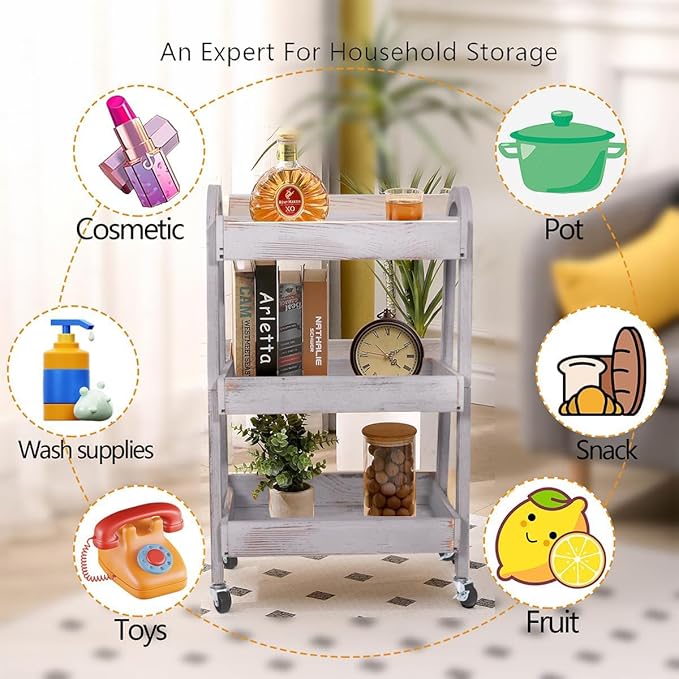 3-Tier Rolling Utility Cart with Lockable Wheels Storage Slim Storage Heavy Duty Cart Mobile Shelving Unit Craft Narrow Organizer for Bathroom Laundry Kitchen (Vintage Grey)